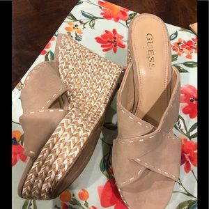 Guess Tan & White Woven Wedge Slide Sandals- 9 1/2